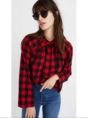 Madewell Red and Black Plaid Flannel Tie-Neck Top Size XS Women's
